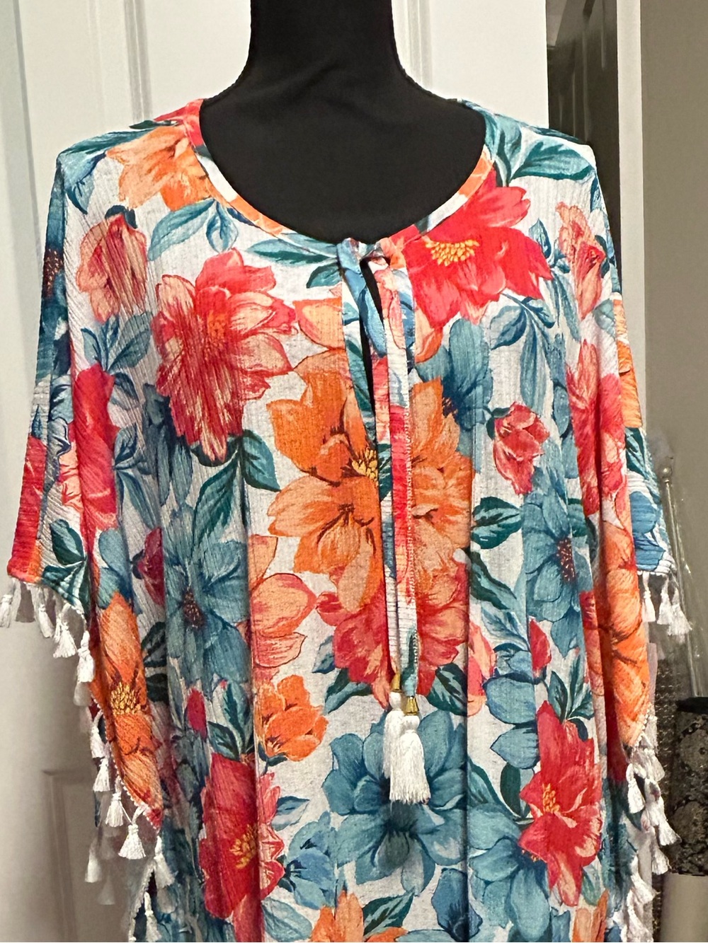 Floral Tassel Tie Women's Swim Cover Up - Blue, Coral & Orange NWT